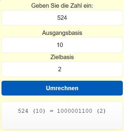 Beispiel eines Rechner zur Umrechnung von Zahlensystemen 