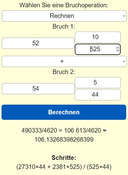 Beispiel eines Rechner für alle Bruchrechnungen