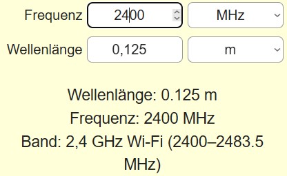 Beispiel eines Wellenlängenrechner für Frequenz und Bandbereich