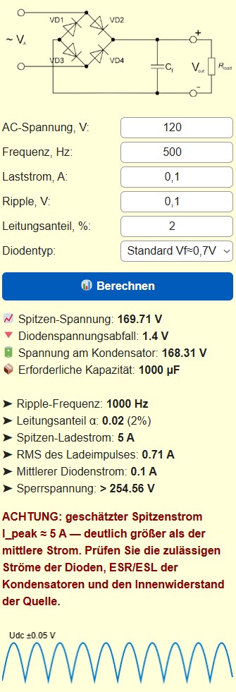 Gleichrichter-Berechnungsrechner für Netzteile 120