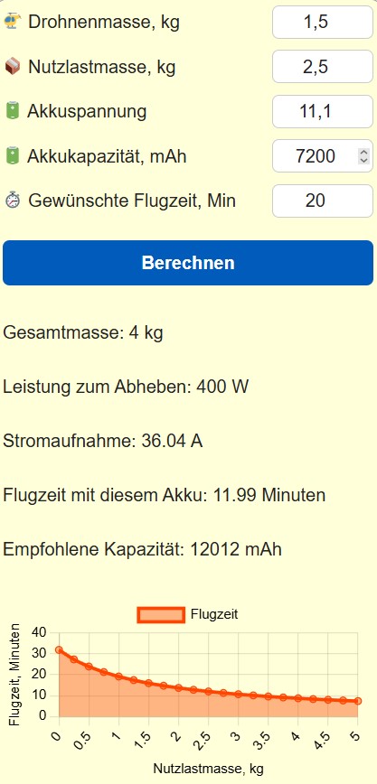 Rechner für Flugzeit und Nutzlast von Drohnen 20