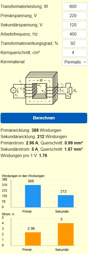 Rechner zur Berechnung von Transformatorparametern und Wicklungsdaten 600