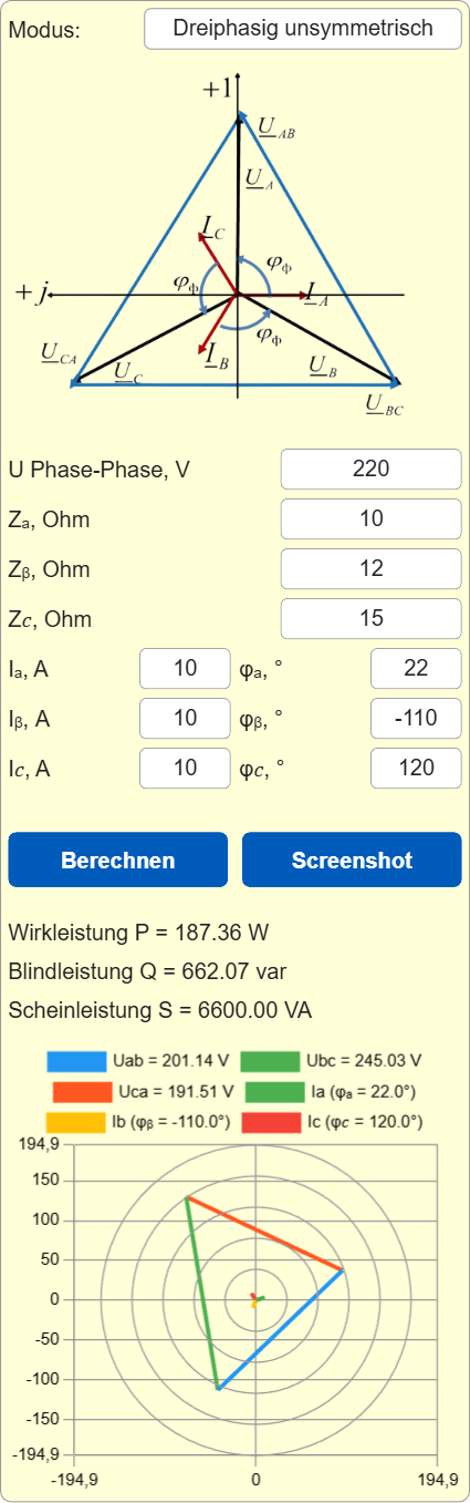 Rechner für Vektordiagramme von Strom und Spannung 3